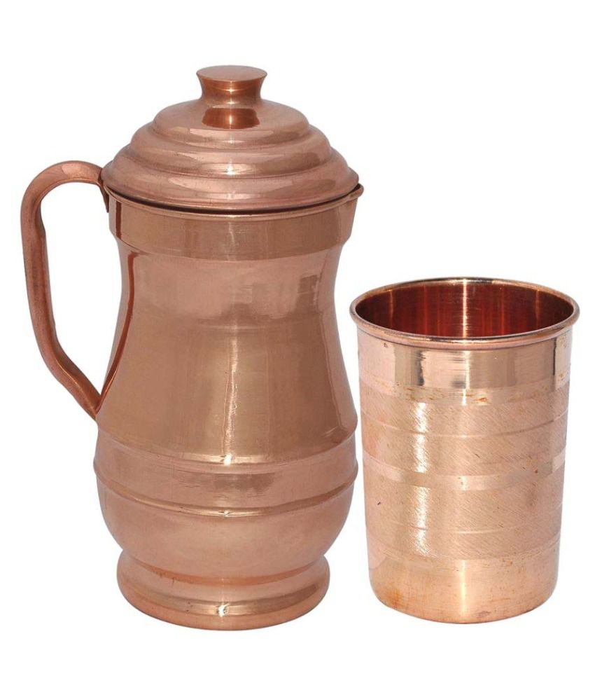 Prisha India Craft DIWALI GIFT - Pure Copper Jug ( MAHARAJA JUG 1900 ML / 64.25 oz ) with One Glass
