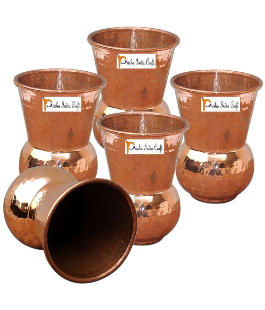Set of 5 Prisha India Craft ®Copper Muglai Matka Glass Hammered Style Drinkware Tumbler Handmade Copper Cups