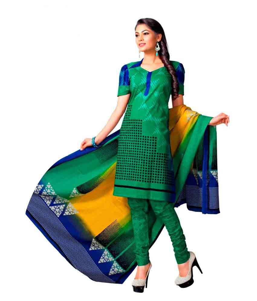 Karishma Suits Green Cotton Dress Material - Buy Karishma Suits Green Cotton Dress Material 