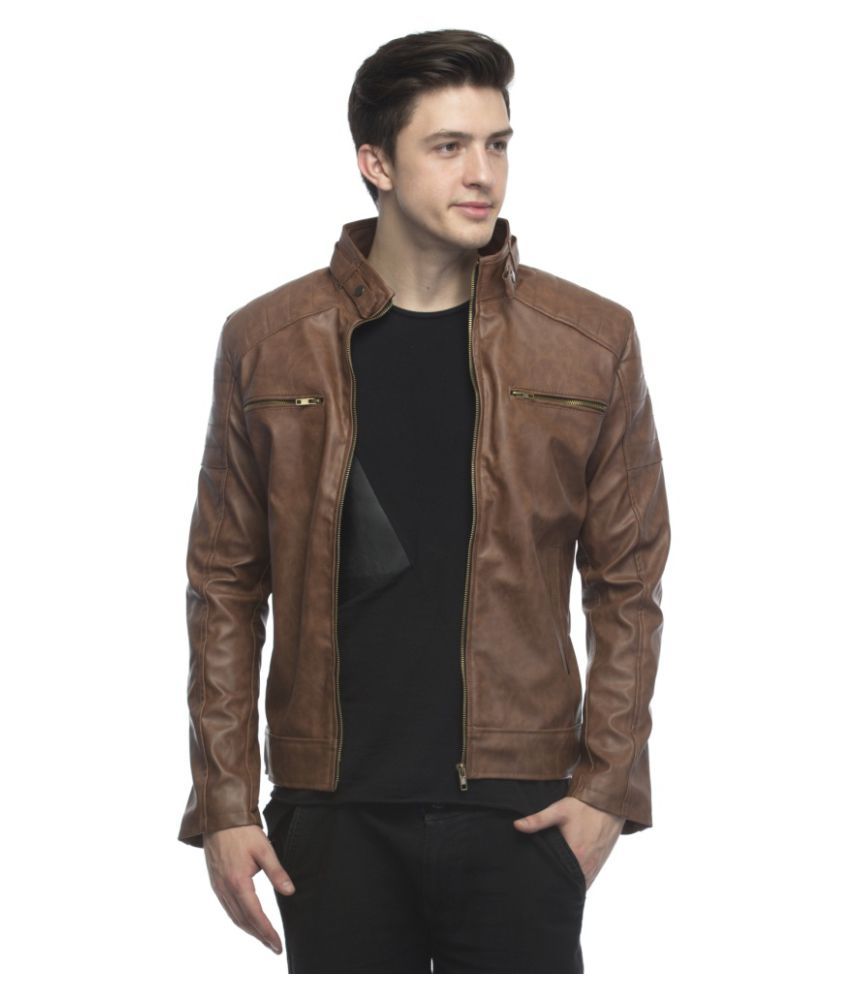 Emblazon Brown Pu Leather Biker Jacket Emblazon Brown Pu Leather Biker Jacket