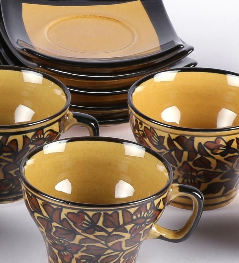 Unravel India Ceramic Handpainted Brown Tea Set (15 Pieces) Buy Online