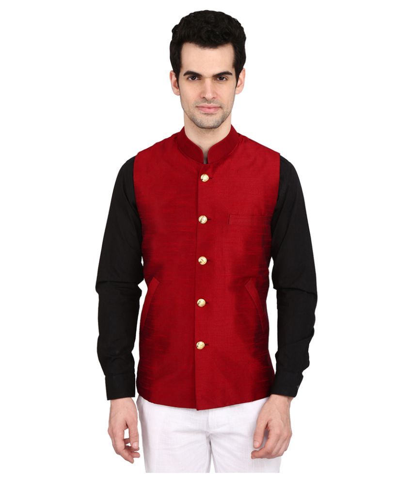 red silk blend nehru jacket