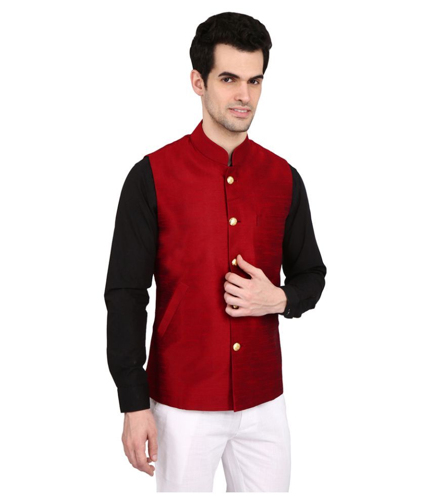 red silk blend nehru jacket