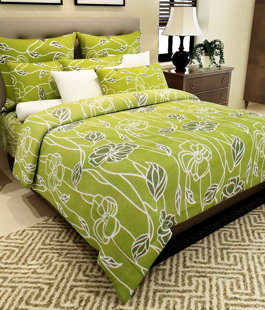     			Home Candy 100% Cotton Attractive Green Flowers Double Bed Sheet with 2 Pillow Covers