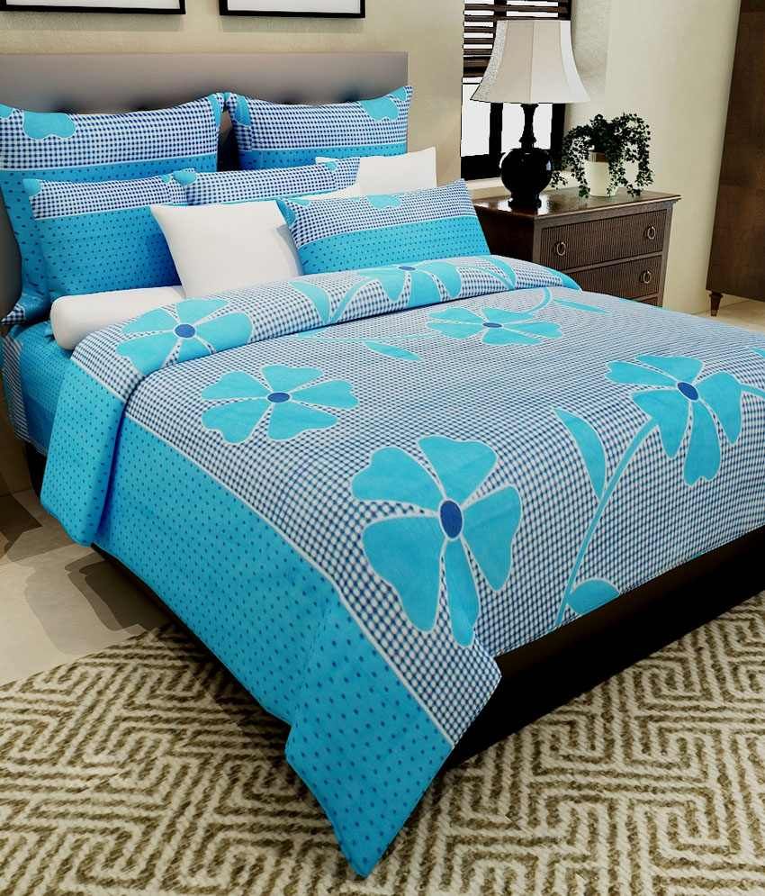 Home Candy 100% Cotton Blue Flowers and Checks Double Bed Sheet with 2