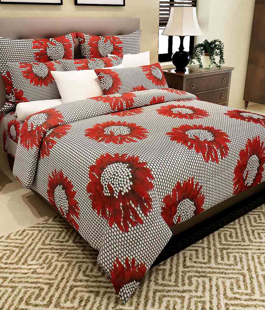     			Home Candy Red Floral Cotton Double Bedsheet With 2 Pillow Cover