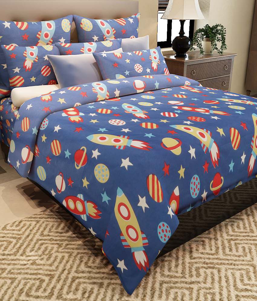     			Home Candy Rockets Cotton Double Bed Sheet with 2 Pillow Covers Kids Bedsheet