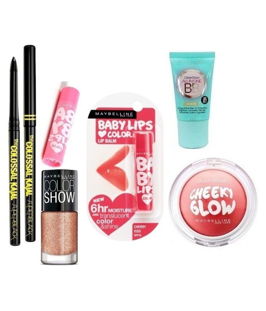SUPERbLACK KAJAL PACK OF 2,cHERRY KISS & PINKLOLITA LIPBALM,BB CREAM ALL IN ONE ,cHEEKY GLOW & GILDED ROSE NAIL POLISH