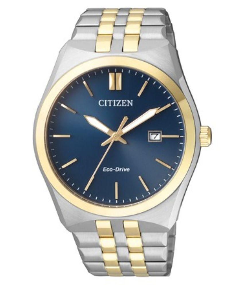 citizen silver watch with blue face