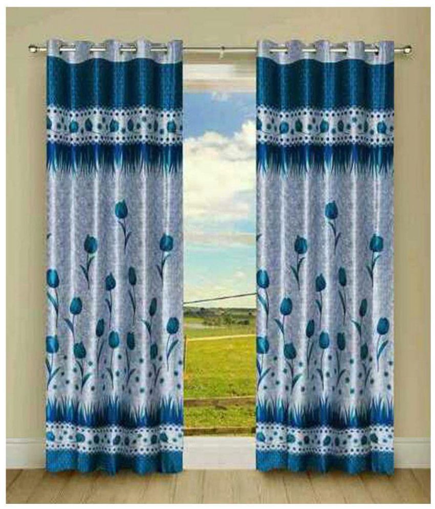     			Panipat Textile Hub Floral Semi-Transparent Eyelet Door Curtain 7 ft Pack of 2 -Blue