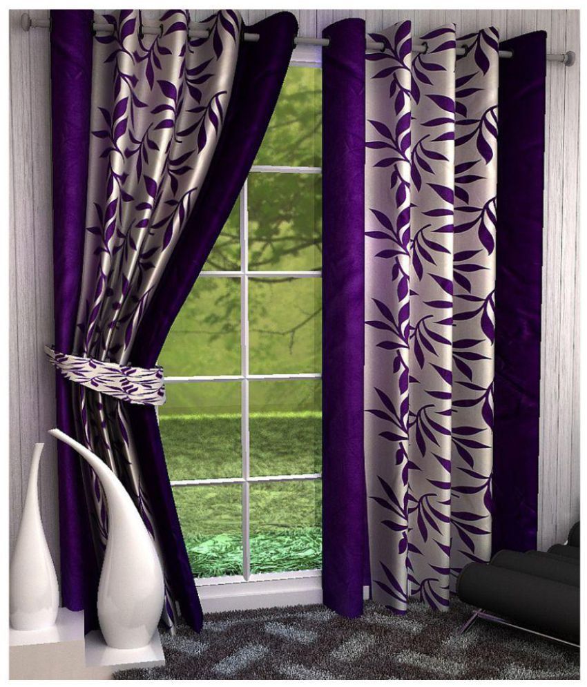     			Panipat Textile Hub Floral Semi-Transparent Eyelet Door Curtain 7 ft Pack of 2 -Purple