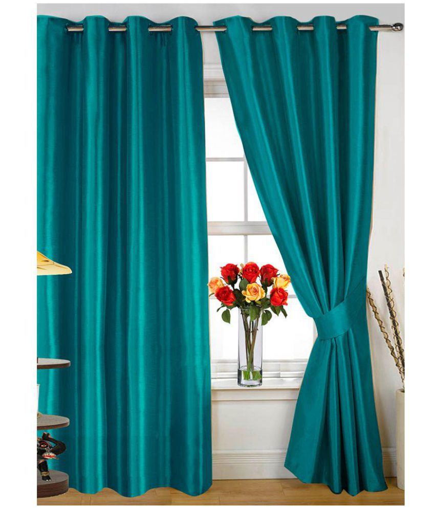     			Panipat Textile Hub Solid Semi-Transparent Eyelet Door Curtain 7 ft Pack of 2 -Aqua