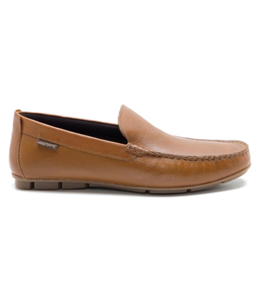red tape tan loafers