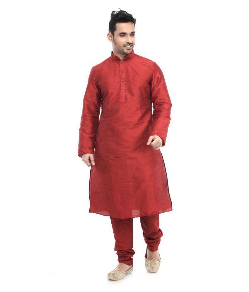     			Deyann Red Silk Blend Kurta Pyjama Set