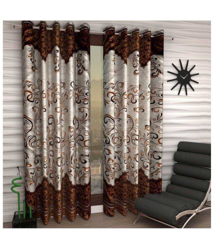     			Panipat Textile Hub Floral Semi-Transparent Eyelet Door Curtain 7 ft Pack of 2 -Brown