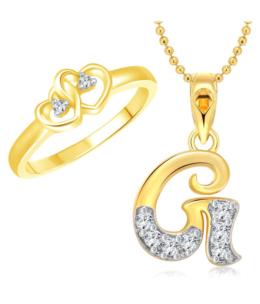     			Vighnaharta Alloy Dual Heart Ring with ''G'' Letter Pendant Gold Plated Jewellery Combo