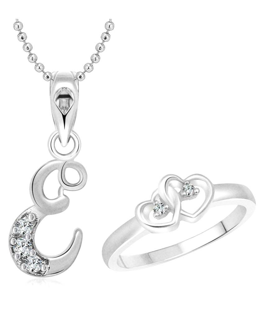     			Vighnaharta Dual Heart Ring with Initial ''E'' Alphabet Pendant Rhodium Plated Jewellery Combo