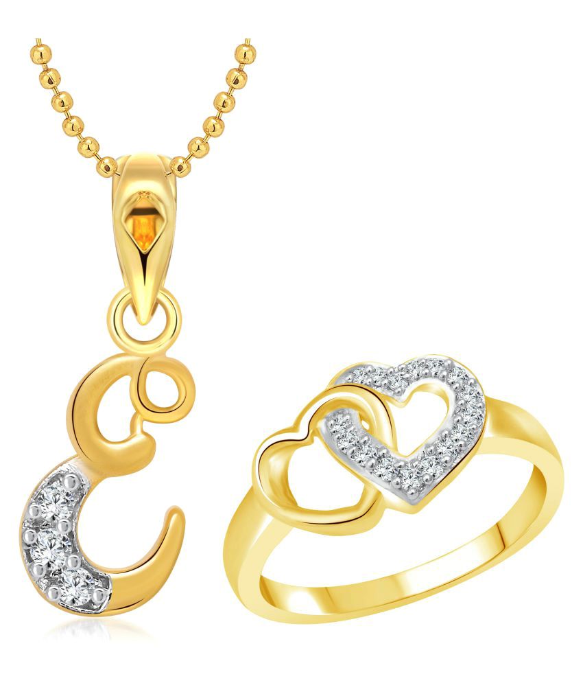     			Vighnaharta Heart Ring with Letter  ''E'' Pendant Gold Plated Jewellery Combo