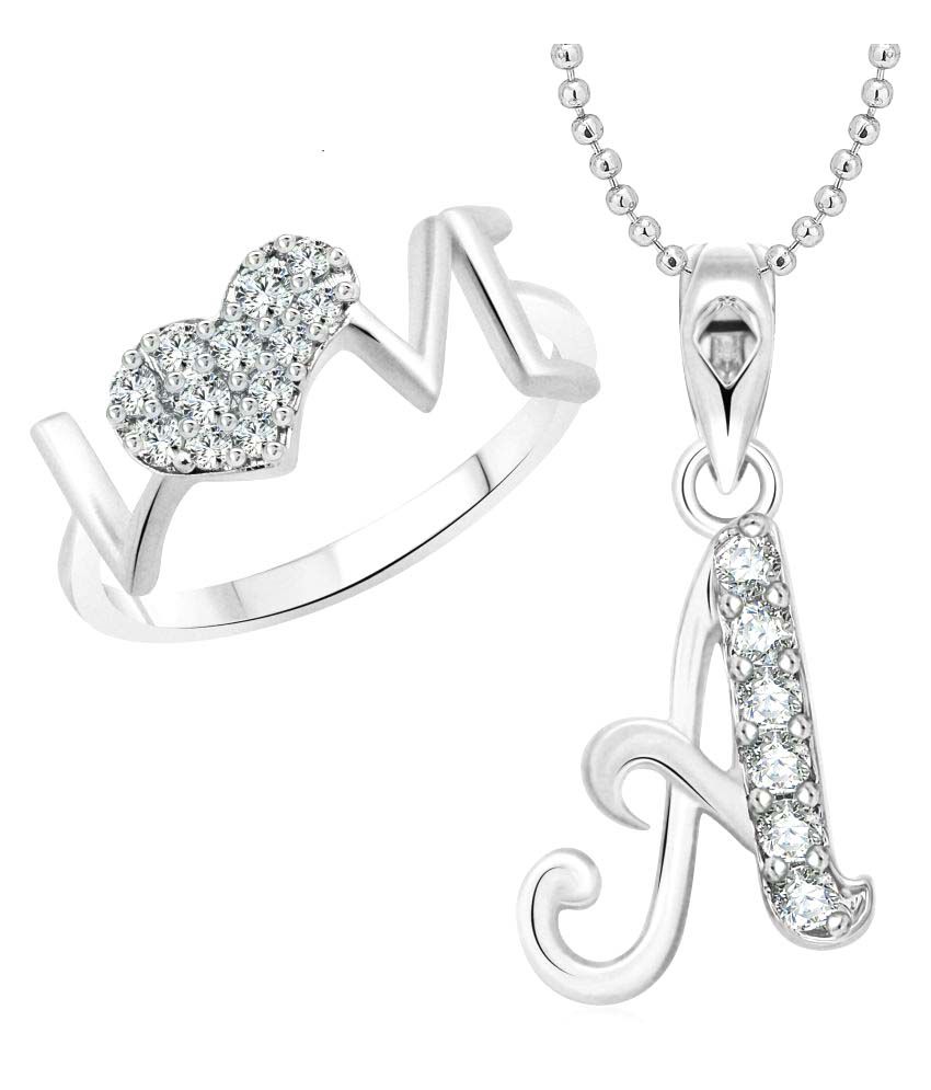     			Vighnaharta Love Ring with Initial ''A'' Alphabet Pendant Rhodium Plated Jewellery Combo set