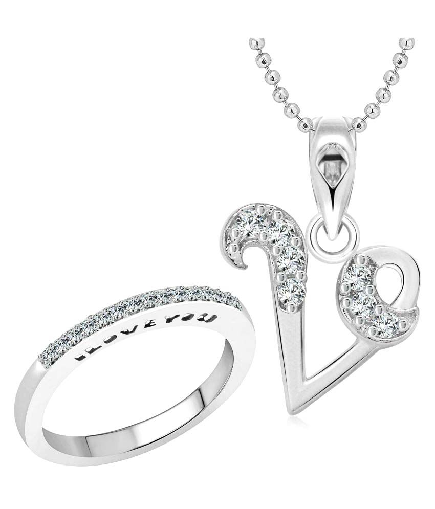     			Vighnaharta Love Ring with Initial Alphabet Pendant Rhodium Plated Jewellery Combo Set