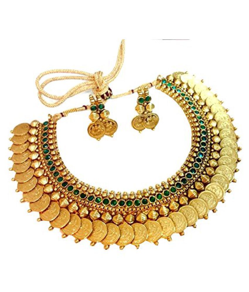     			YouBella Traditional Jewellery Green Emerald Temple Coin Necklace Set