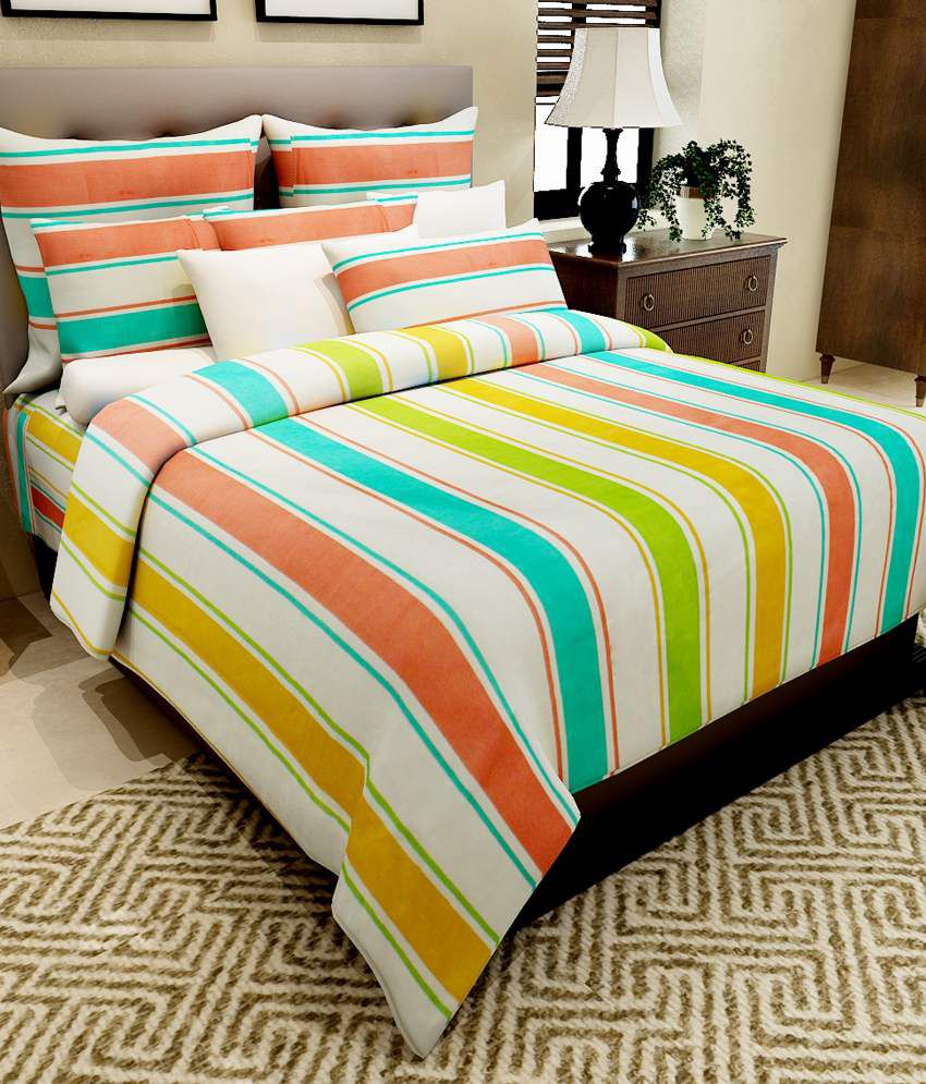 Home Candy Multi Colour Stripes Cotton Double Bed Sheet With 2