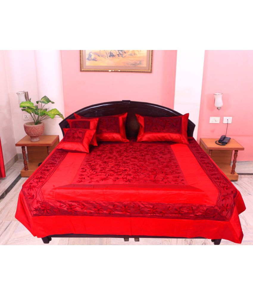Jaipuri Collection King Silk Red Embroidery Bedcover Set of 5 Buy