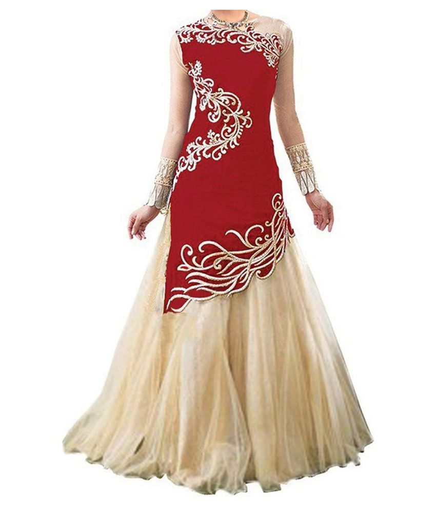 Siddeshwary Fab Red And Beige Velvet Anarkali Semi Stitched Suit Buy