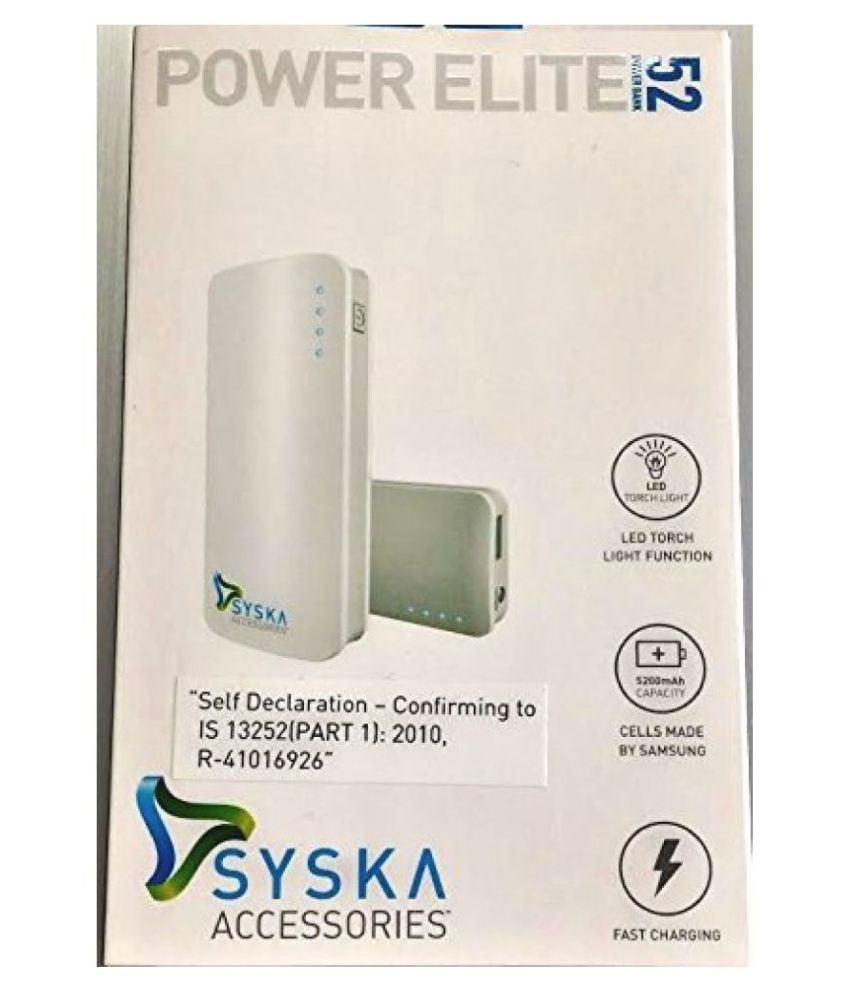 Syska 5200mAH Power Bank Power Elite 52 Portable Charger for Smart Phones, Tablets and other USB digital devices White available at SnapDeal for Rs.996