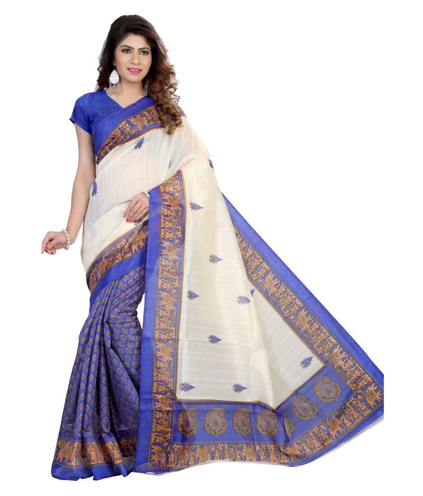 SVB Sarees White and Blue Bhagalpuri Silk Saree - Buy SVB Sarees White