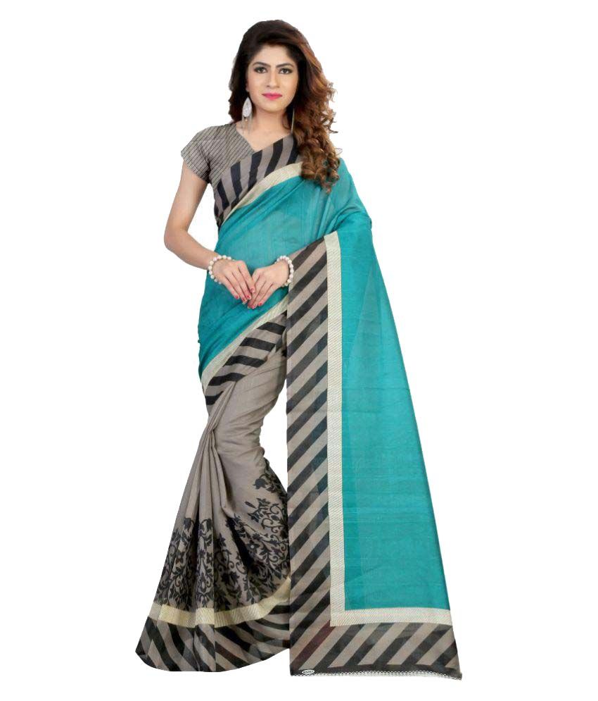     			Sarees Green and Grey Bhagalpuri Silk Saree