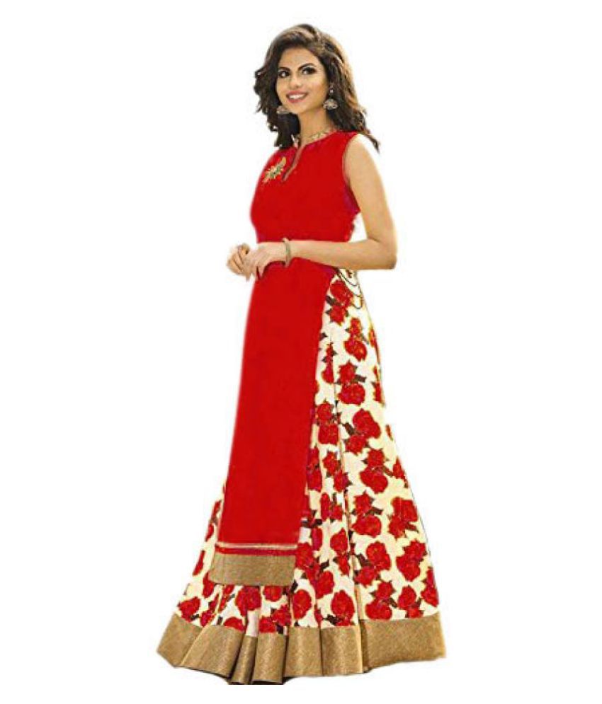     			Aika Red and Beige Bangalore Silk Circular Semi Stitched Lehenga