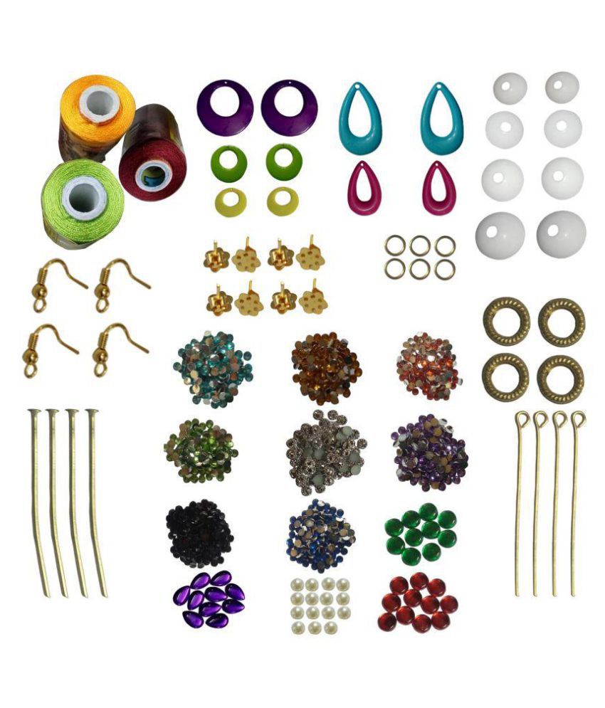     			RKBJewellery Making Kit 9 Different Earring Bases 3 Silk Threads (Parrot- Green, Yellow, Maroon) 12 Color Stones