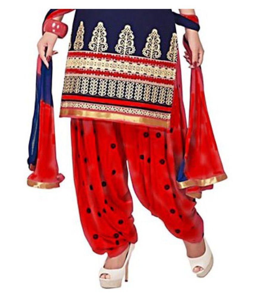 Patiala Hub Red and Blue Cotton Pakistani SemiStitched Suit Buy