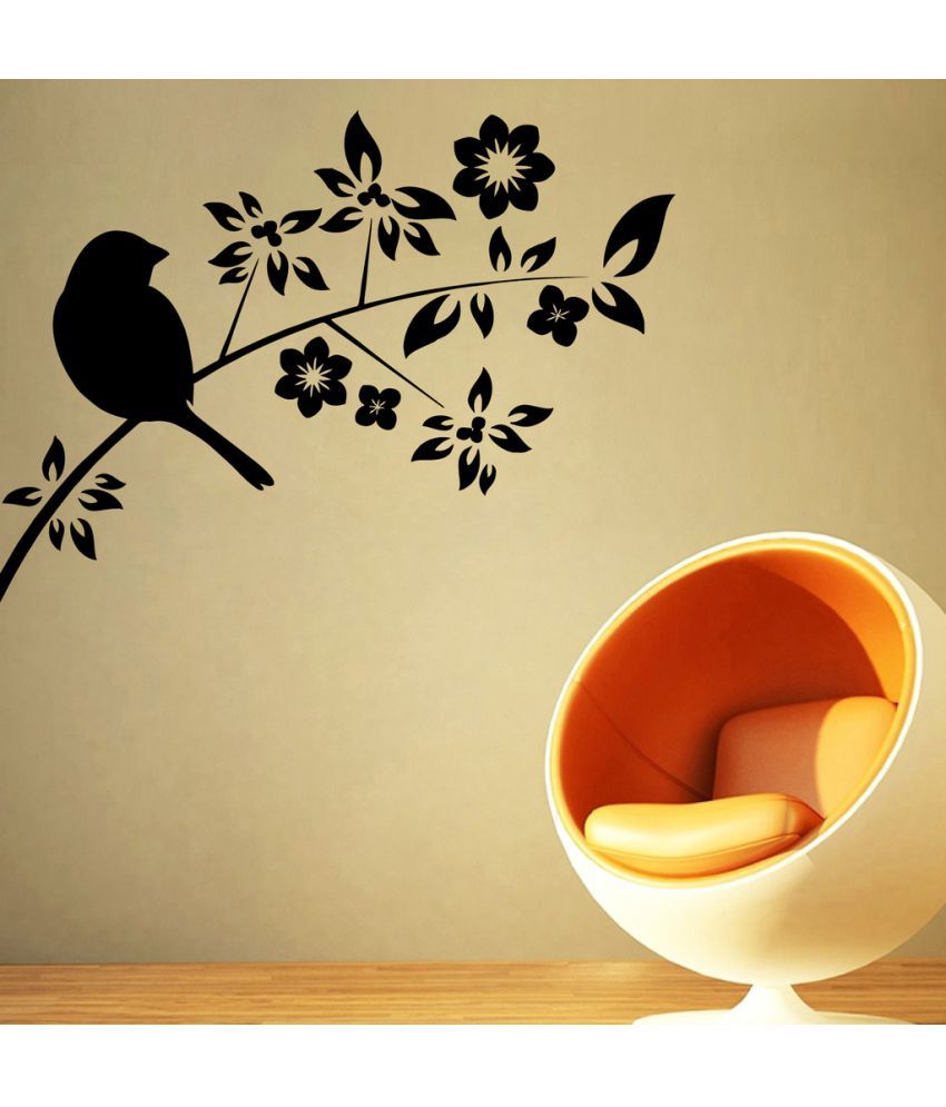     			Decor Villa Bird Sitting On The Flower Vinyl Black Wall Stickers