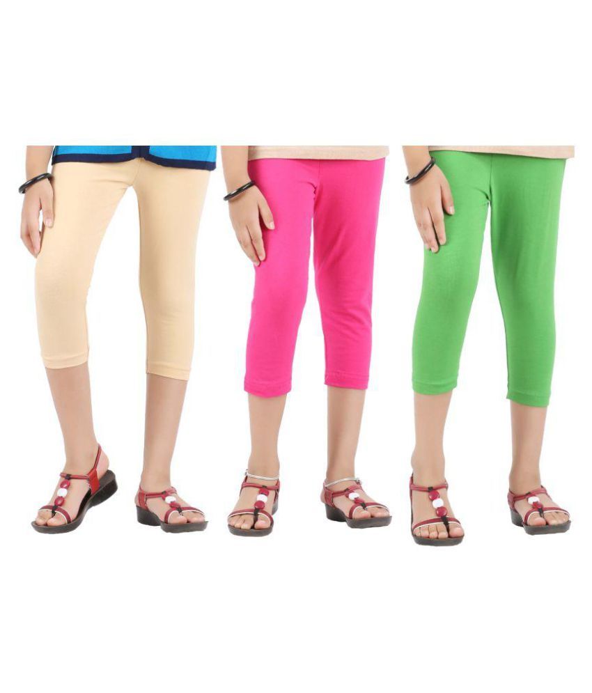     			BEIGE,FUCHSIA AND GREEN GIRLS CAPRI LEGGINGS - PACK OF 3