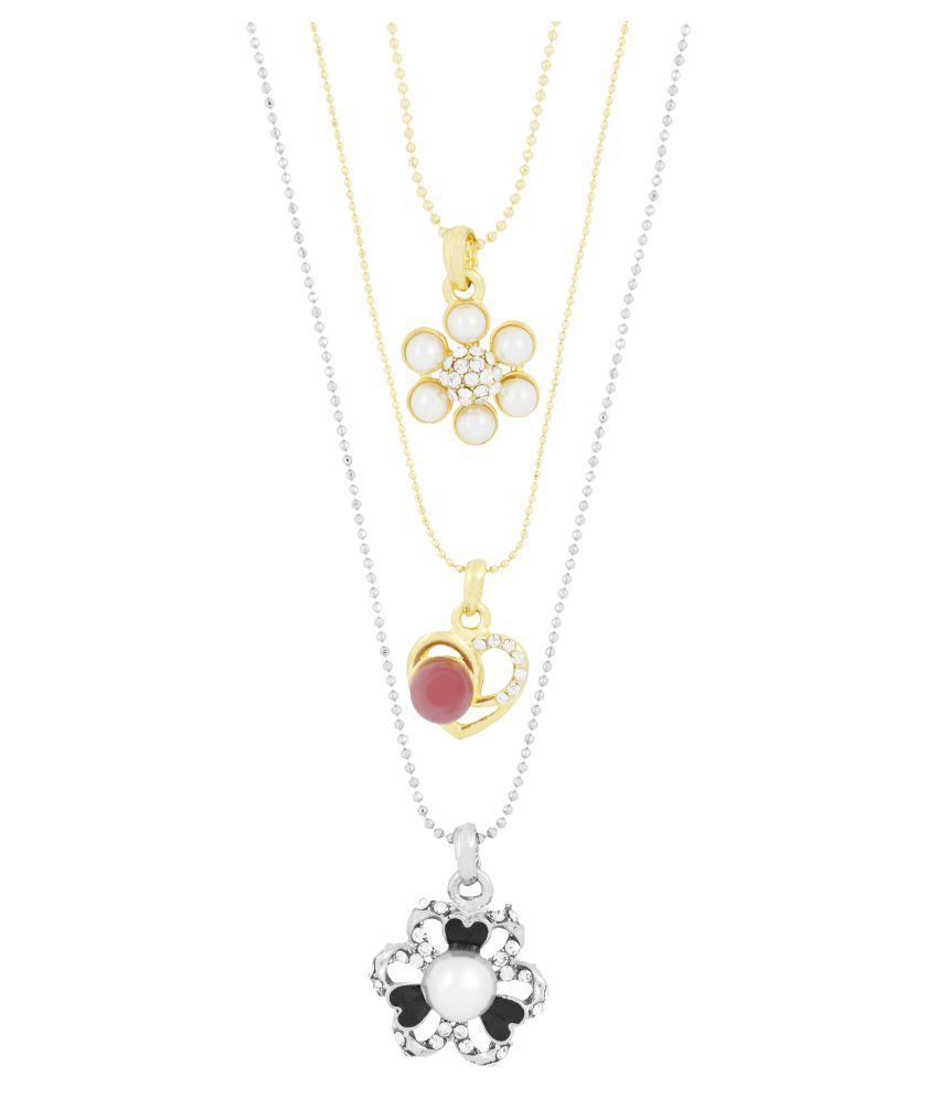     			The Jewelbox Enamel CZ Flower 18k Gold & Rhodium Brass CZ Pearl Combo Necklace Pendant Chain Set Girls