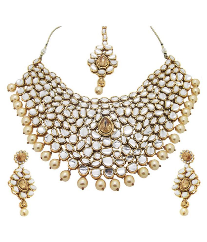 9blings Champagne Mughal style Kundan Jadau statement necklace earrings ...
