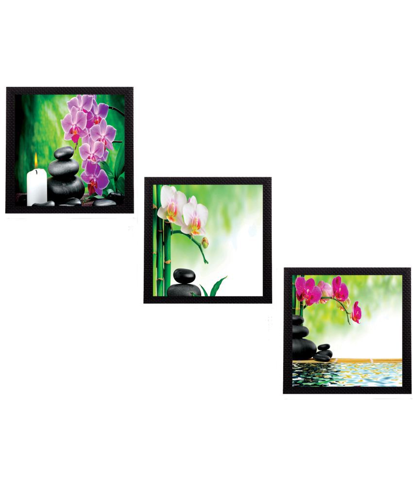     			EcraftIndia Colorful Floral Satin Matt Texture UV Art Wood Painting With Frame Set of 3