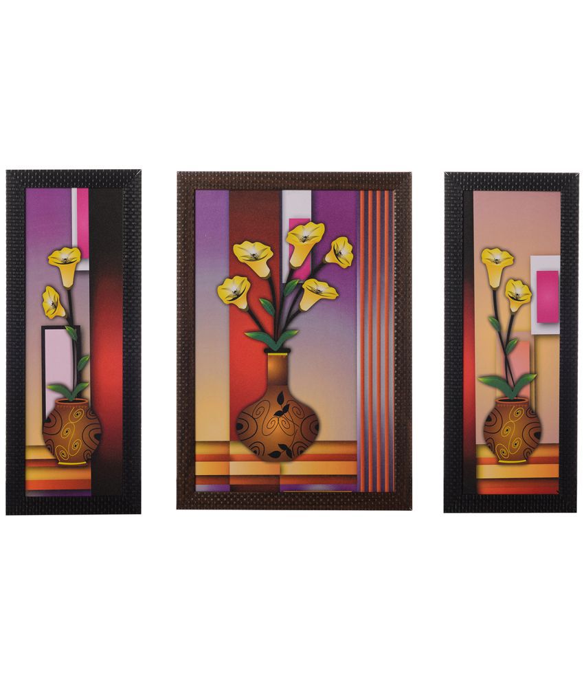     			eCraftIndia  Fine Finish Matt Textured UV Art Print  Multicolor Wood Painting With Frame Set of 3