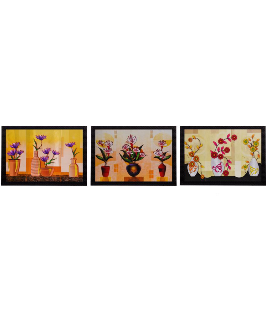     			eCraftIndia  Gorgeous Geometrical Flower Satin Matt Texture UV Art  Multicolor Wood Painting With Frame Set of 3