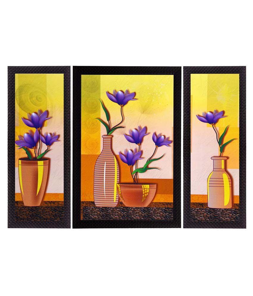     			Ecraftindia  Botanical Floral and Vase Satin Matt Texture UV Art  Multicolor Wood Painting With Frame Set of 3
