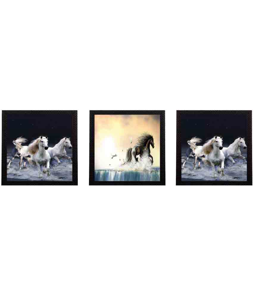     			eCraftIndia Running Horses Satin Matt Texture UV Art Multicolor Wood Painting With Frame Set of 3