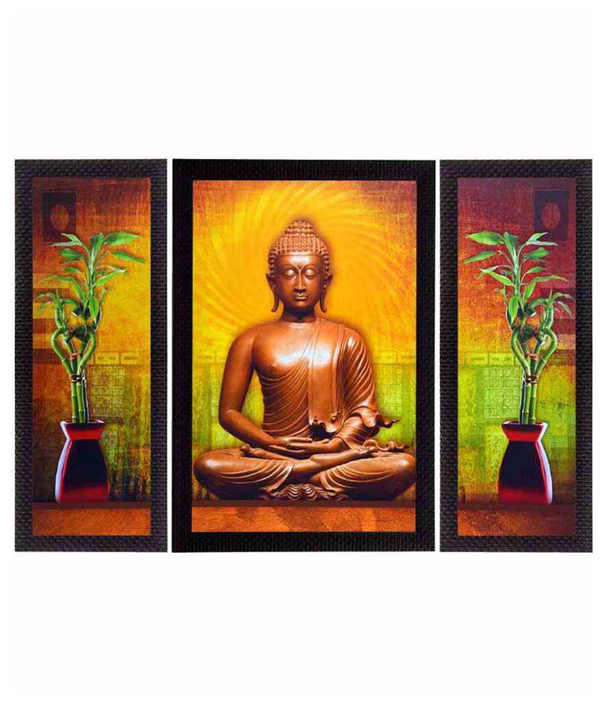     			EcraftIndia Meditating Buddha Satin Matt Texture UV Art  Multicolor Wood Painting With Frame Set of 3