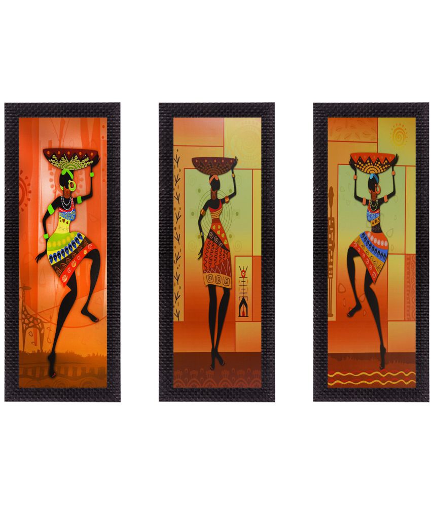     			eCraftIndia Tribal Women Figurine Satin Matt Texture UV Art Wood Painting With Frame Set of 3