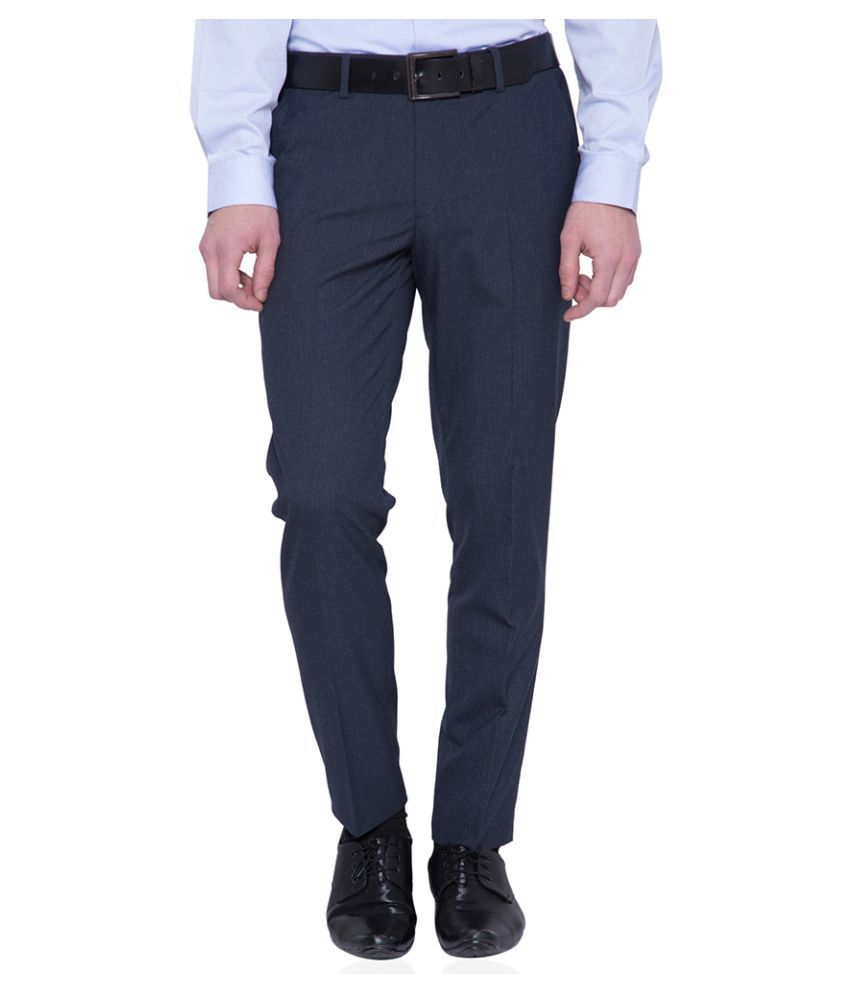     			Black Coffee Navy Blue Tapered Flat Trousers