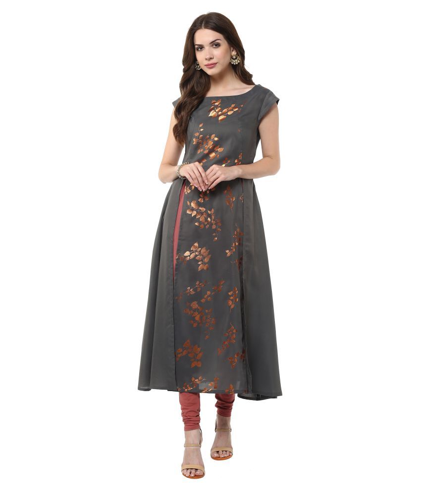 Janasya Grey Crepe Anarkali Kurti