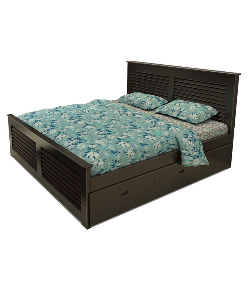 Wooden Queen Size Double Bed In Black Diamond Finish With Side