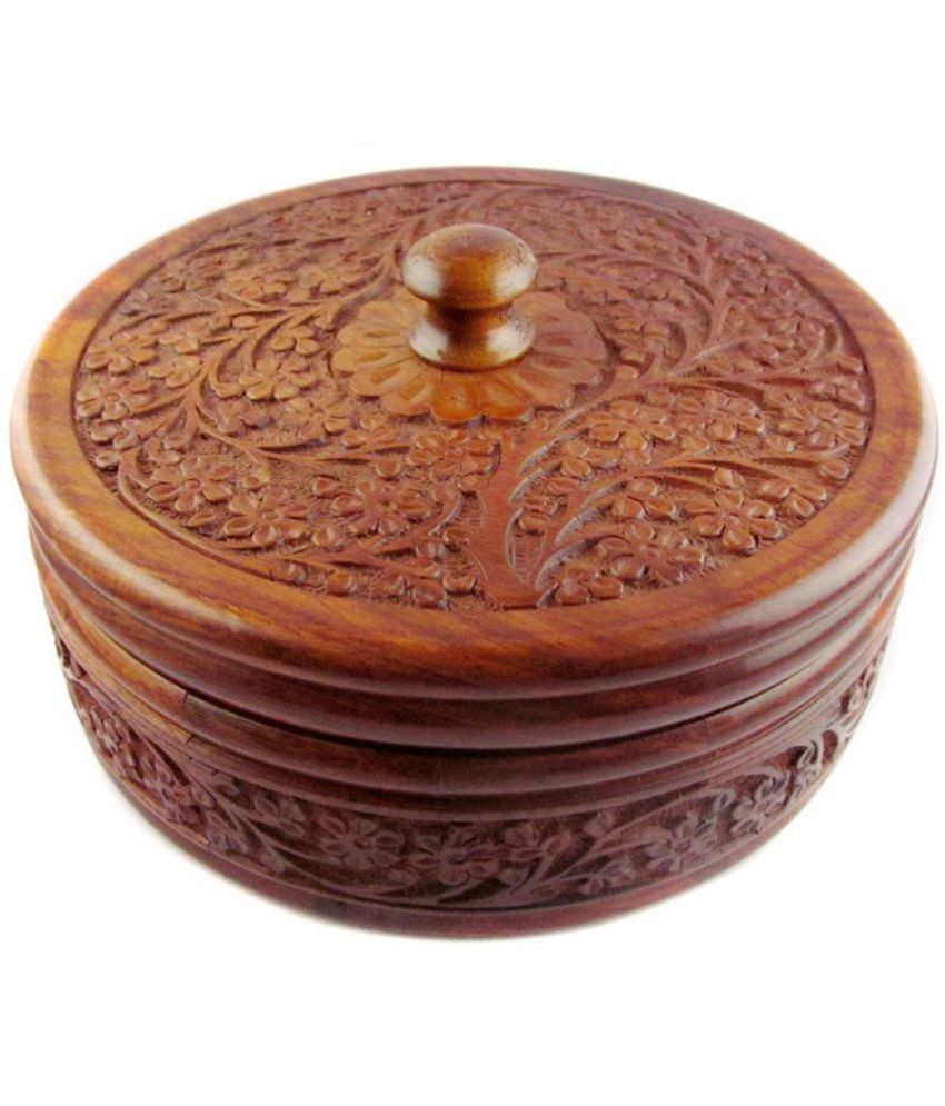     			S Paonta Handcrafted Wooden Box Pot Serving Bowl with Lid, for Chapatis 8 Inches