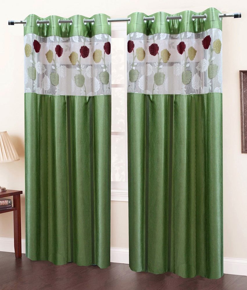     			Homefab India Plain Semi-Transparent Eyelet Door Curtain 7ft (Pack of 2) - Green